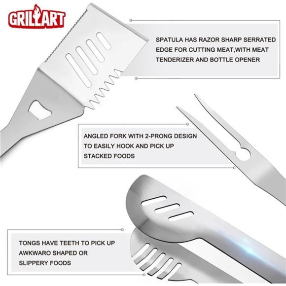 BBQ Grill Utensil Tools Set Reinforced BBQ Tongs 19-Piece Stainless-Steel - Picture 2 of 7